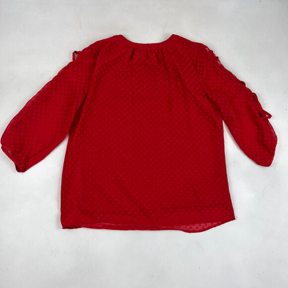 New Directions Red Slit Sleeve Blouse Size L Swiss Dots Polyester Chiffon Lined - Picture 4 of 4